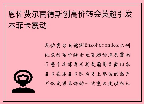 恩佐费尔南德斯创高价转会英超引发本菲卡震动 恩佐费尔南德斯创高价转会英超引发本菲卡震动
